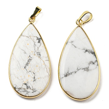 Natural Howlite Pendants, Teardrop Charms with Rack Plating Golden Tone Brass Findings, 42.5x21x4.5~5mm, Hole: 7x4mm