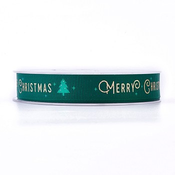 Polyester Grosgrain Ribbon for Christmas, Christmas Trees, Green, 16mm, about 100yards/roll