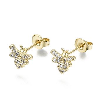 Brass Micro Pave Clear Cubic Zirconia Stud Earrings, with Ear Nuts, Nickel Free, Bees, Real 16K Gold Plated, 8x8.5mm, Pin: 0.8mm
