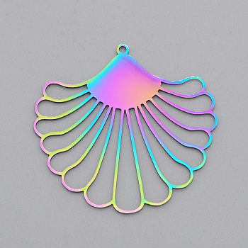 Ion Plating(IP) 201 Stainless Steel Pendants, Laser Cut, Leaf, Rainbow Color, 38x40x1mm, Hole: 1.6mm