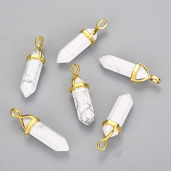 Natural Howlite Double Terminated Pointed Pendants, with Random Alloy Pendant Hexagon Bead Cap Bails, Golden, Bullet, 37~40x12.5x10mm, Hole: 3x4.5mm