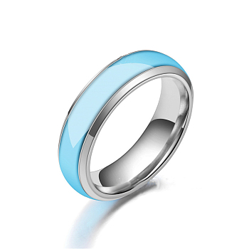 Luminous 304 Stainless Steel Flat Plain Band Finger Ring, Glow In The Dark Jewelry for Men Women, Light Sky Blue, US Size 8(18.1mm)