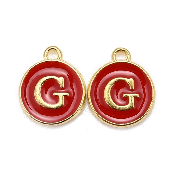 Golden Plated Alloy Enamel Charms, Cadmium Free & Lead Free, Enamelled Sequins, Flat Round, Red, Letter.G, 14x12x2mm, Hole: 1.5mm