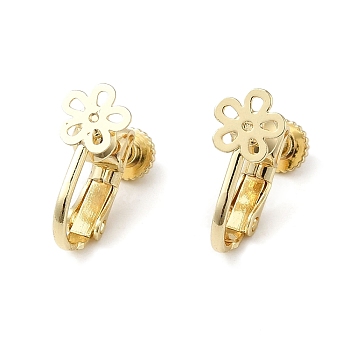Brass Screw Clip-on Earrings, Hollow Flower, Long-Lasting Plated, Real 14K Gold Plated, 14x13x6.5mm