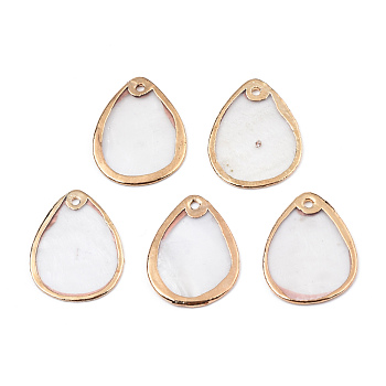 Natural Capiz Shell Pendants, with Light Gold Plated Brass Edge, Teadrdrop, 19~19.5x14.5~15x0.5mm, Hole: 0.5~1mm