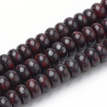 Natural Bloodstone Beads Strands, Heliotrope Stone Beads, Rondelle, 8~8.5x4.5~5mm, Hole: 1mm, about 80pcs/strand, 16.3 inch
