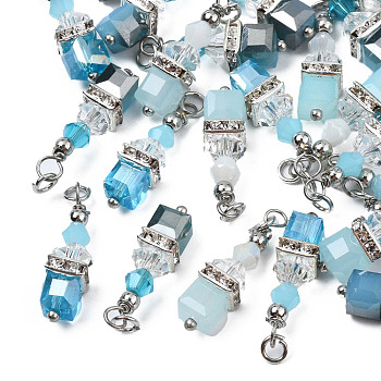 Faceted Transparent Glass Charms, with Platinum Plated Iron Findings and Jump Ring, Cube, Mixed Color, 25.5x6x6mm, Hole: 2mm