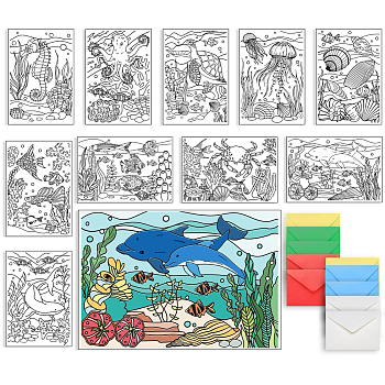 1 Set Coloring Paper Greeting Cards Sets, Marine Animal Theme, Rectangle, with 5Pcs Kraft Paper Envelopes, Mixed Shapes, 110~203.2x152.4~160x0.5mm