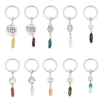 Bullet Natural & Synthetic Gemstone Pendant Keychain, with Alloy Pendants and 304 Stainless Steel Keychain Clasp, 8~9cm, 10pcs/set