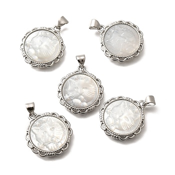 Brass Pave Natural White Shell Carved Cat Pendants, Rack Plating, Flat Round Charms, Platinum, 22x19.5x3.5mm, Hole: 3x4mm