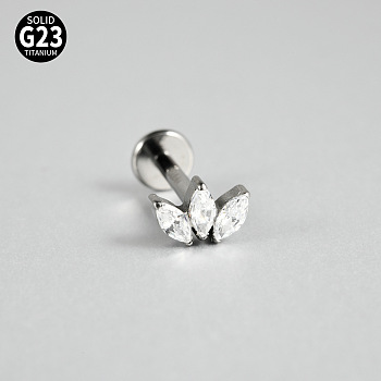 G23 Titanium Micro Pave Cubic Zirconia Cartilage Earrings, Internally Threaded Labrets Stud, Tragus Stud, Flat Back Earring, Leaf, Stainless Steel Color, 8mm, Pin: 1.2mm