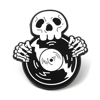 Punk Style Skull & Phonograph Record Enamel Pins, Black Alloy Brooch for Halloween, Black, 28x26x1.3mm