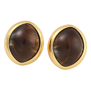 Brass Resin Oval Stud Earrings, Real 18K Gold Plated, 20.5x18mm