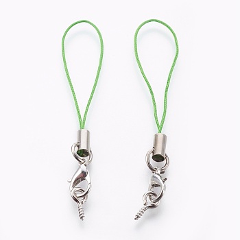 Nylon Cord Mobile Straps, with Iron Screw Eye Pin Bail, Alloy Lobster Claw Clasps and Brass Cord Ends, Platinum, Lime Green, 75x7x7mm, Pin: 1.5mm