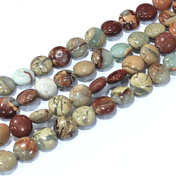 Natural Aqua Terra Jasper Beads Strands, Flat Round, 8x4~4.5mm, Hole: 1.4mm, about 53pcs/strand, 15.5~15.7 inch(39.5~40cm)