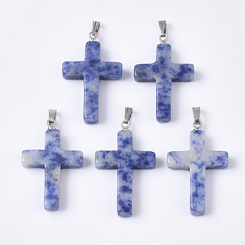 Natural Blue Spot Stone Pendants, with Stainless Steel Peg Bails, Cross, Stainless Steel Color, 29~30x18.5x4.5mm, Hole: 5.5x2mm