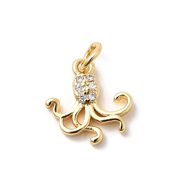Brass Micro Pave Cubic Zirconia Pendants, Octopus Charms, Rack Plating, Long-Lasting Plated, Lead Free & Cadmium Free, with Jump Ring, Real 18K Gold Plated, 11x11x2mm, Hole: 2.5mm