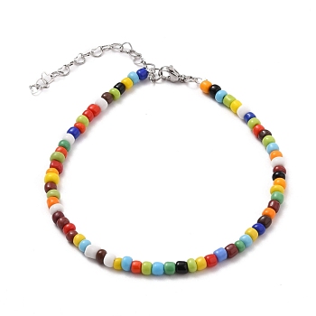 Opaque Glass Seed Beads Anklets, with 304 Stainless Steel Heart Link Chains & Lobster Claw Clasps, Colorful, Stainless Steel Color, 9-1/2 inch(24cm)