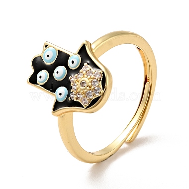 Enamel Hamsa Hand with Evil Eye Adjustable Ring with Clear Cubic Zirconia(RJEW-I087-15G)-2