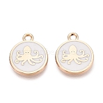 Alloy Enamel Pendants, Rack Plating, Flat Round & Octopus Charms, Golden, White, 16x13x1.5mm, Hole: 1.8mm(ENAM-Q002-05G-01)