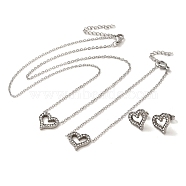 Heart 304 Stainless Steel Rhinestone Pendant Necklaces & Bracelets & Stud Earrings Sets for Women, Stainless Steel Color, 7.56 inch(192mm)(SJEW-C004-06P)