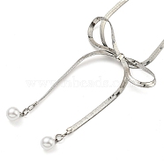 Brass Pendant Necklaces, with Plastic Imitation Pearl Pendant, Bowknot, Platinum, 16.73 inch(425mm)(NJEW-P301-01P)