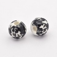 Handmade Printed Porcelain Beads, Round, Black, 6mm, Hole: 2mm(PORC-Q201-6mm-5)