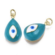 Real 16K Gold Plated Brass Enamel Pendants, with Jump Ring, Cadmium Free & Nickel Free & Lead Free, Teardrop with Evil Eye, Sky Blue, 19~20x11x7~8mm, Jump Ring: 5x0.6mm, Inner Diameter: 3mm(KK-S061-78D-NR)