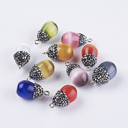 Cat Eye Pendants, with Polymer Clay Rhinestone Beads and Brass Finding, teardrop, Platinum, Mixed Color, 22~24x11.5~13mm, Hole: 2mm(G-E454-A)