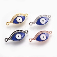 Brass Micro Pave Cubic Zirconia Links connectors, with Enamel, Long-Lasting Plated, Evil Eye, Lead Free & Nickel Free & Cadmium Free, Blue, Mixed Color, 22x9.5x2mm, Hole: 1.2mm(ZIRC-O026-14-NR)