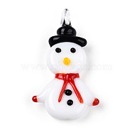 Christmas Theme Handmade Lampwork Pendants, Snowman Charm, White, 37.5x21.5x8.5mm, Hole: 3.5mm(LAMP-T020-03)