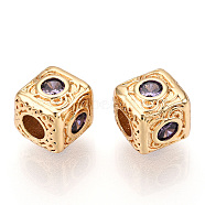 Brass Micro Pave Cubic Zirconia Beads, Cube, Real 18K Gold Plated, Medium Purple, 7.5x7.5x7.5mm, Hole: 3mm(KK-C051-28G-01)