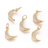 Brass Micro Pave Cubic Zirconia Pendants, with Jump Ring, Long-Lasting Plated, Moon, Clear, Real 18K Gold Plated, 13x7.5x1.5mm, Hole: 3.5mm(ZIRC-G166-09G)