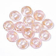 Transparent Spray Painted Glass European Beads, Large Hole Beads
, with Golden Foil, Donut, Pink, 11x3mm, Hole: 4mm(GLAA-N035-04C)