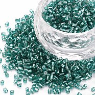 Glass Bugle Beads, Silver Lined, Dark Turquoise, 1.8~2.2x1.8~2mm, Hole: 0.8~0.9mm, about 15000pcs/pound(SEED-S032-08A-51A)