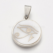 201 Stainless Steel Pendants, with Shell, Flat Round with Egyptian Eye of Ra/Re, Stainless Steel Color, 23x20x3~4mm, Hole: 3x6mm(STAS-T038-29)