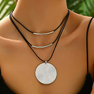 Ethnic Style Disc Alloy Pendant Necklaces, Black Waxed Cord 3 Layer Necklaces, Platinum, 13.78 inch(35cm)(FS-WGACE74-02)