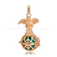 Golden Plated Brass Hollow Round Cage Pendants, with No Hole Spray Painted Brass Beads, Sea Green, 45x25x24mm, Hole: 3x8mm(KK-J251-09G)