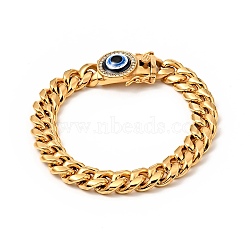 Ion Plating(IP) 304 Stainless Steel Curb Chains Bracelet with Crystal Rhinestone, Resin Evil Eye Clasp Lucky Bracelet for Men Women, Golden, 9-3/8 inch(23.8cm)(BJEW-E009-05G-01)