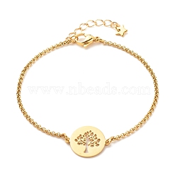 201 Stainless Steel Tree of Life Link Bracelet with 304 Stainless Steel Box Chains for Women, Golden, 7-1/2 inch(19cm)(BJEW-JB08281-01)