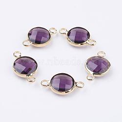 Golden Tone Brass Glass Links connectors, Faceted, Flat Round, Purple, 16x10.5x4mm, Hole: 1.5mm(GLAA-M004-B-20G)