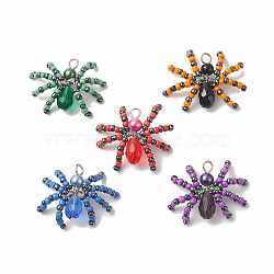 Glass Seed Pendants, with Iron Findings, Spider, Mixed Color, 28~30x35~35.5x8.5~11.5mm, Hole: 3.2~4mm, 5pcs/set(PALLOY-JF02005-S)