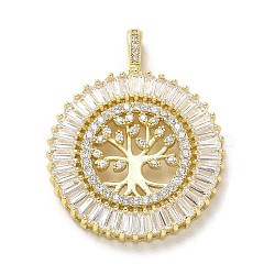 Brass Micro Pave Cubic Zirconia Pendants, Long-Lasting Plated, Flat Round with Tree, Golden, 30.5x29.5x5mm, Hole: 4.5x2.4mm(KK-K355-18G)