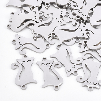 201 Stainless Steel Kitten Links connectors, Laser Cut Links, Cat Silhouette, Stainless Steel Color, 17.5x11x1mm, Hole: 1.4mm
