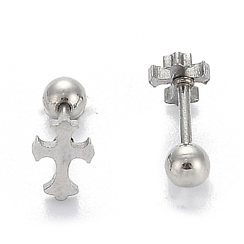 201 Stainless Steel Barbell Cartilage Earrings, Screw Back Earrings, with 304 Stainless Steel Pins, Cross, Stainless Steel Color, 8x5.5x2mm, Pin: 1mm