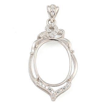 925 Sterling Silver Pendant Cabochon Settings, Prong Settings, with Cubic Zirconia, Rhinestone Claw Settings, Prong Settings, Oval, Real Platinum Plated, 28x16x6mm, Hole: 2x4mm, Tray: 15x11mm