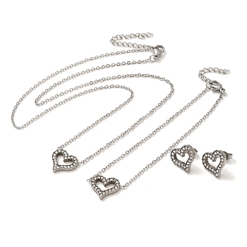 Heart 304 Stainless Steel Rhinestone Pendant Necklaces & Bracelets & Stud Earrings Sets for Women, Stainless Steel Color, 7.56 inch(192mm)