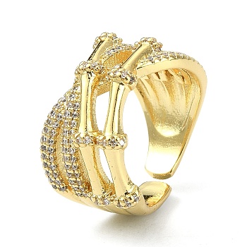 Clear Cubic Zirconia Bamboo Joint Open Cuff Ring, Brass Wide Band Rings for Women, Real 18K Gold Plated, Inner Diameter: 18mm