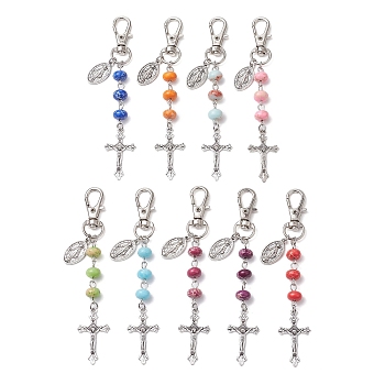 Tibetan Style Alloy Cross Pendant Decoration, Synthetic Imperial Jasper Beads and Swivel Clasps Charms for Bag Ornaments, Mixed Color, 102mm, 9pcs/set