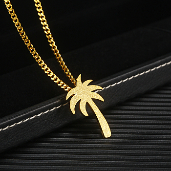 Hip Hop Stainless Steel Sandblasted Palm Tree Pendant Necklaces for Men, Matte Gold Color, 23.62 inch(60cm)